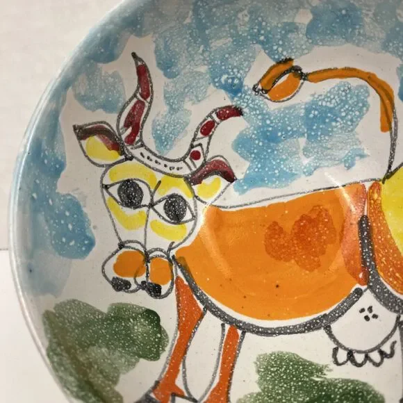 Desimone Italy Pottery Bowl Vintage MCM Hand Painted Cow Art 6.25 Inch - Picture 2 of 11